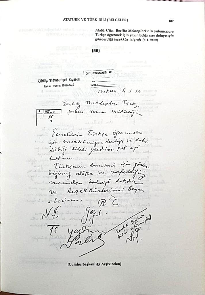 Atatürk'ün Berlitz Dil Okuluna Gönderdiği Teşekkür Mektubu