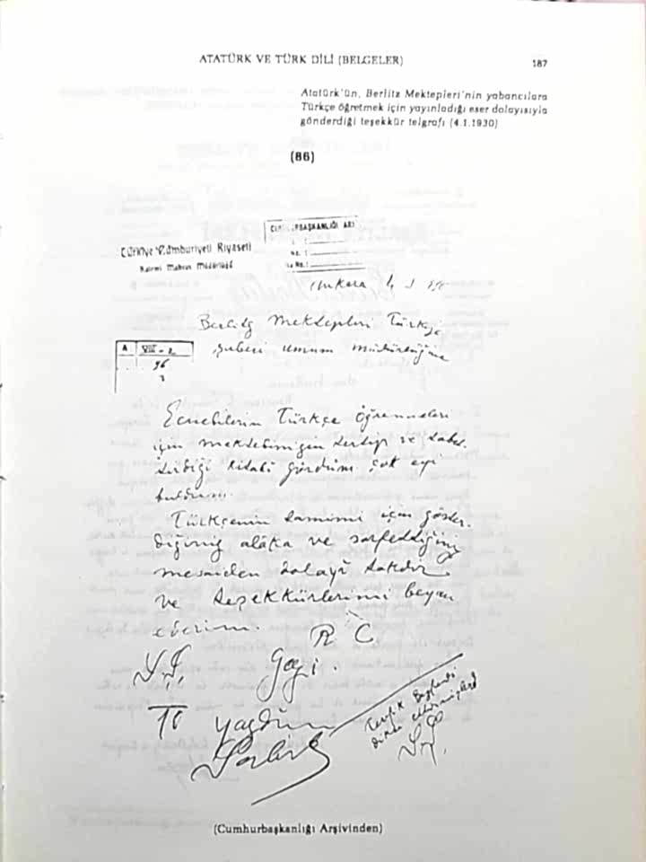 Atatürk'ün Berlitz Dil Okullarına gönderdiği teşekkür mektubu